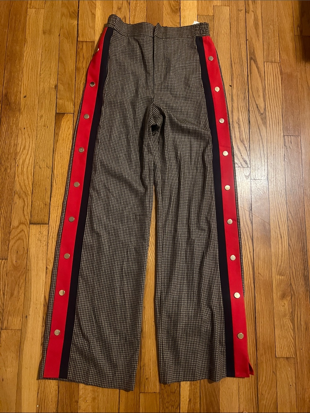 Zara Houndstooth Wide-Leg Pants with Red & Black Side Stripes